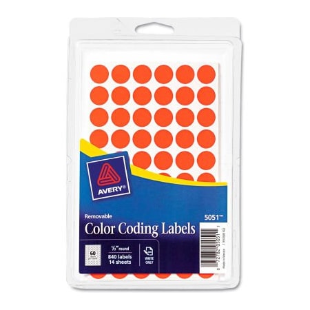 Avery Avery  Removable Self-Adhesive Color-Coding Labels, 1/2" Dia, Neon Red, 840/Pack 5051
